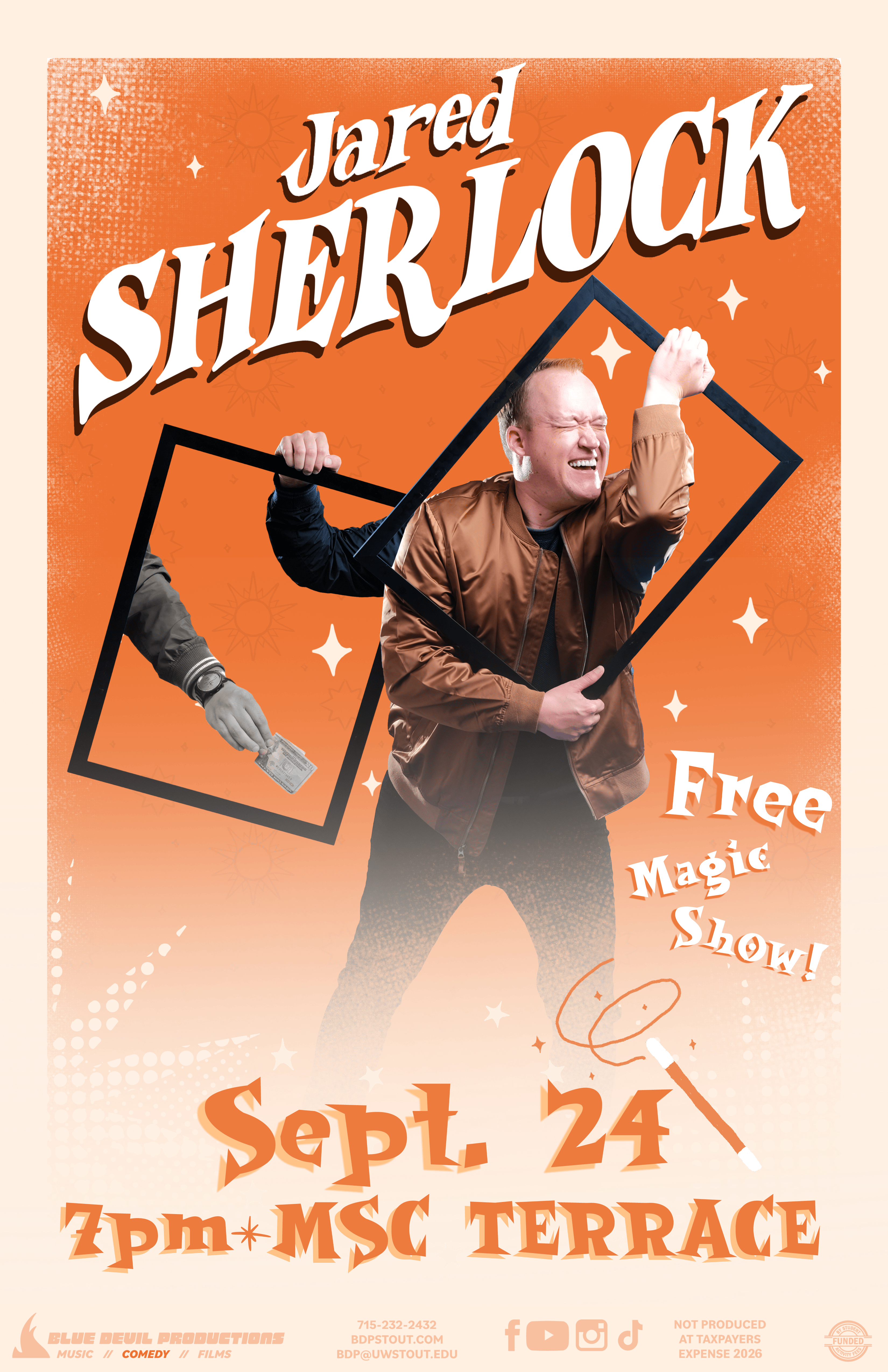 Poster for BDP COMEDY: Jared Sherlock.  Jared Sherlock smiling with a bright orange background. Text stating the event is on September 24th at 7PM in the MSC Terrace.